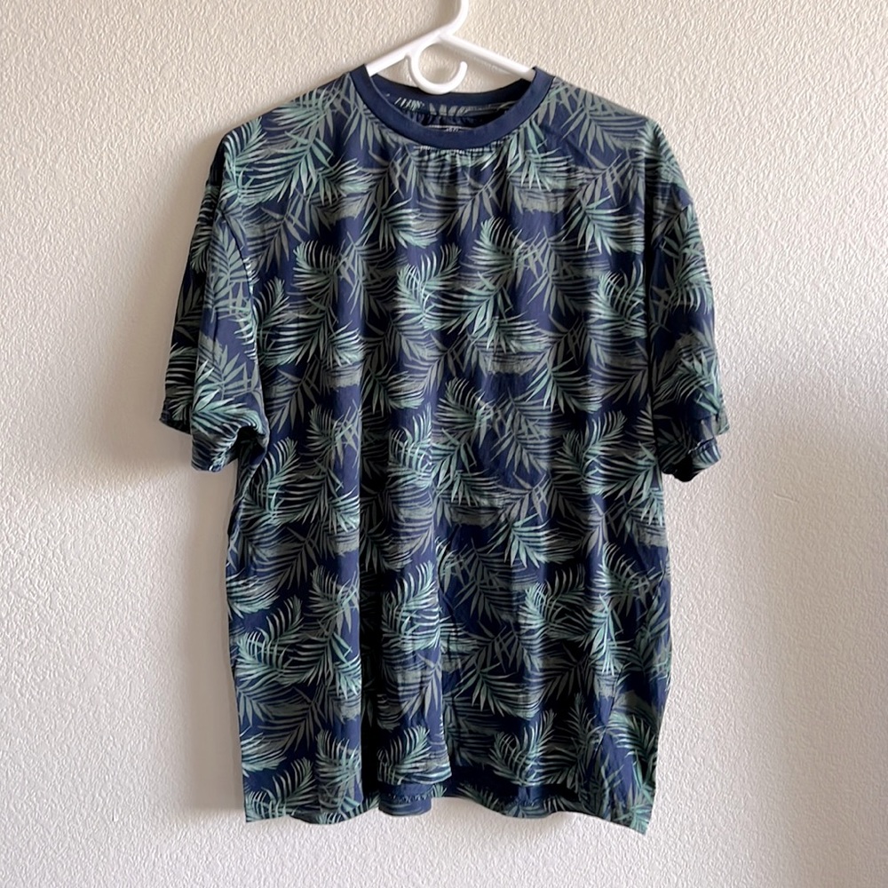 Knit Heritage Mens 2X Tropical Palm Leaf Print T-Shirt Navy Blue Green Short Slv